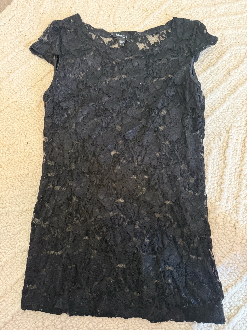 bebe Black Floral Lace Short Sleeve Top
